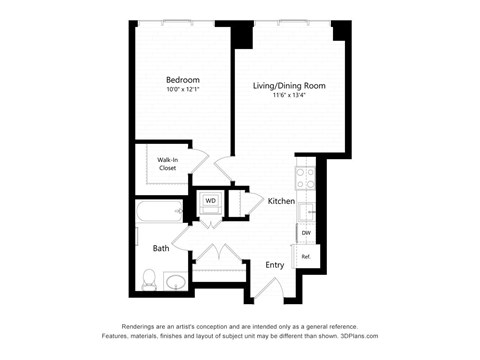 Floor plan for 1 bed, 1 bath, 625 sqft